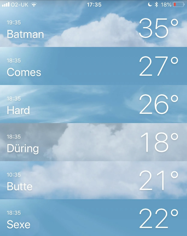 Weather app screen showing temperatures for various locations. Batman: 35°C, Comes: 27°C, Hard: 26°C, During: 18°C, Butte: 21°C, Sexe: 22°C