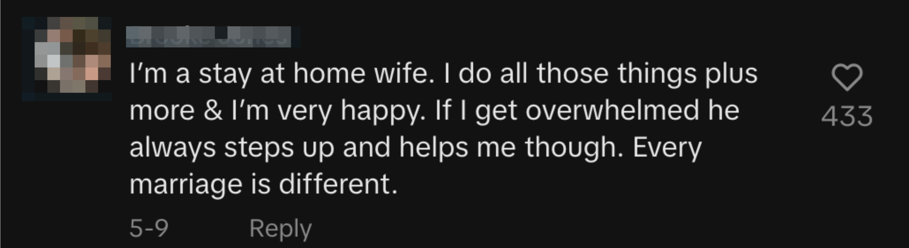 Brooke Jones says she is a stay-at-home wife and happy with her marriage; her husband helps when she feels overwhelmed