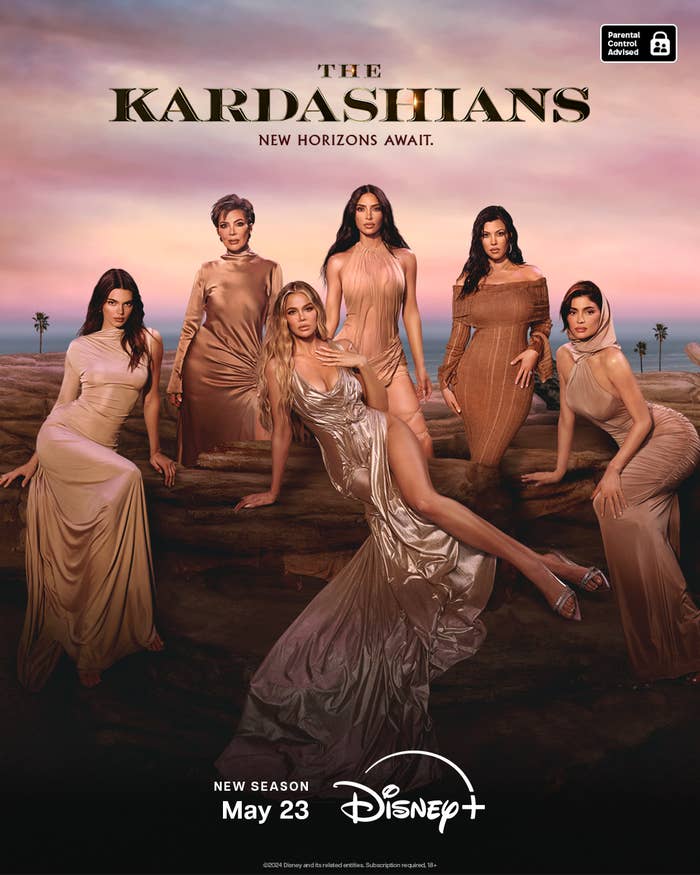 Kim Kardashian, Kris Jenner, Kourtney Kardashian, Khloe Kardashian, Kendall Jenner, and Kylie Jenner pose in elegant gowns for "The Kardashians" TV show