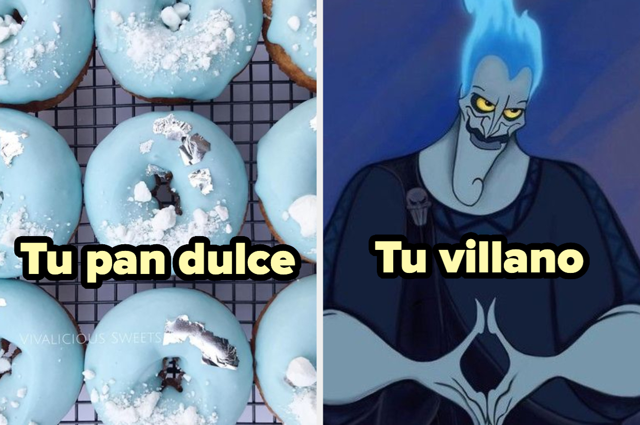 Pasteles de donas glaseadas a la izquierda con el texto "Tu pan dulce". Hades de Hércules a la derecha con el texto "Tu villano"