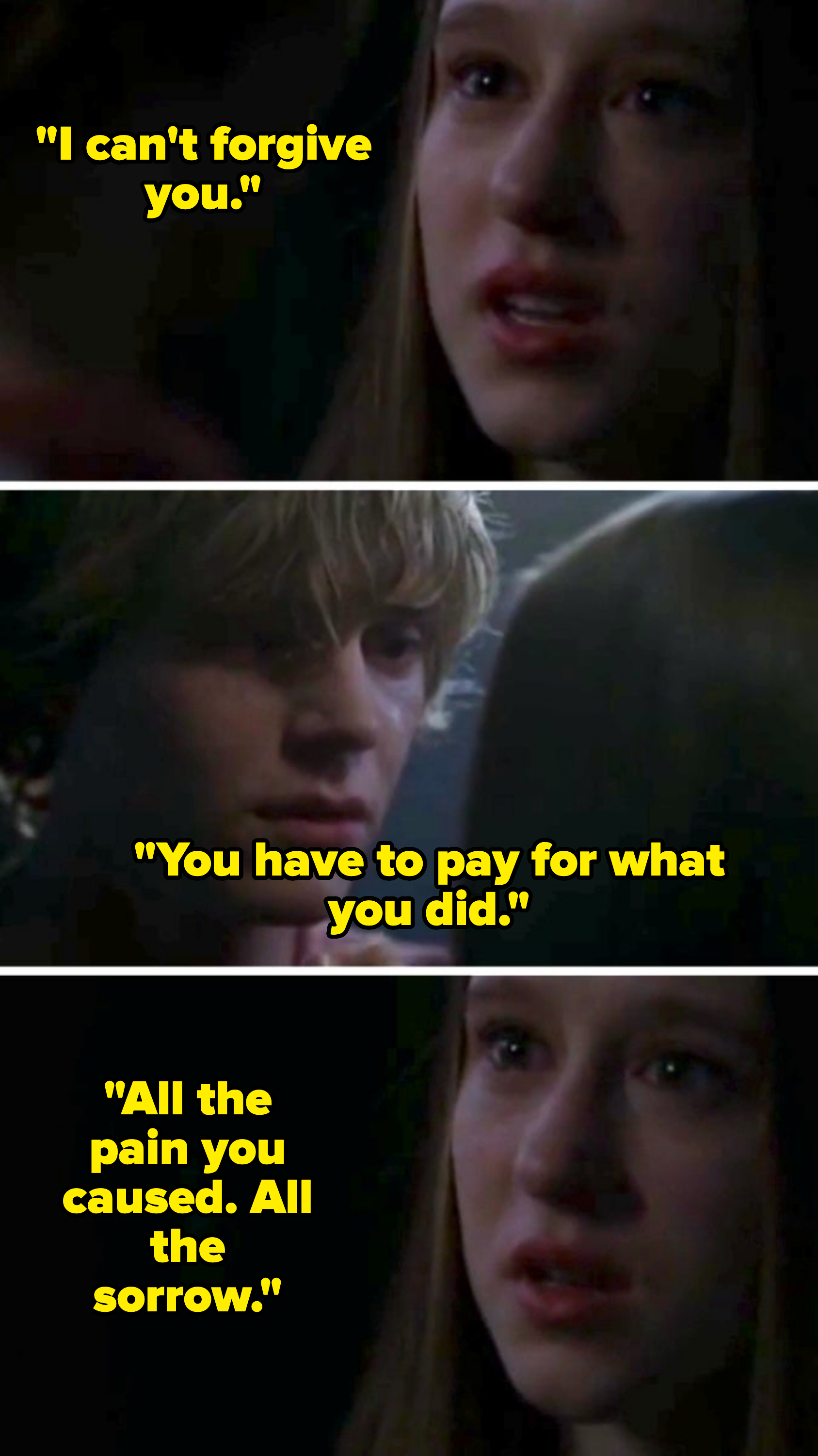 Taissa Farmiga and Evan Peters exchange emotional expressions in this three-panel scene from a dark setting