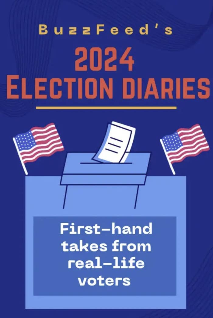BuzzFeed's 2024 Election Diaries poster: An illustration of a ballot box with a ballot being inserted, flanked by two U.S. flags with text "First-hand takes from real-life voters."