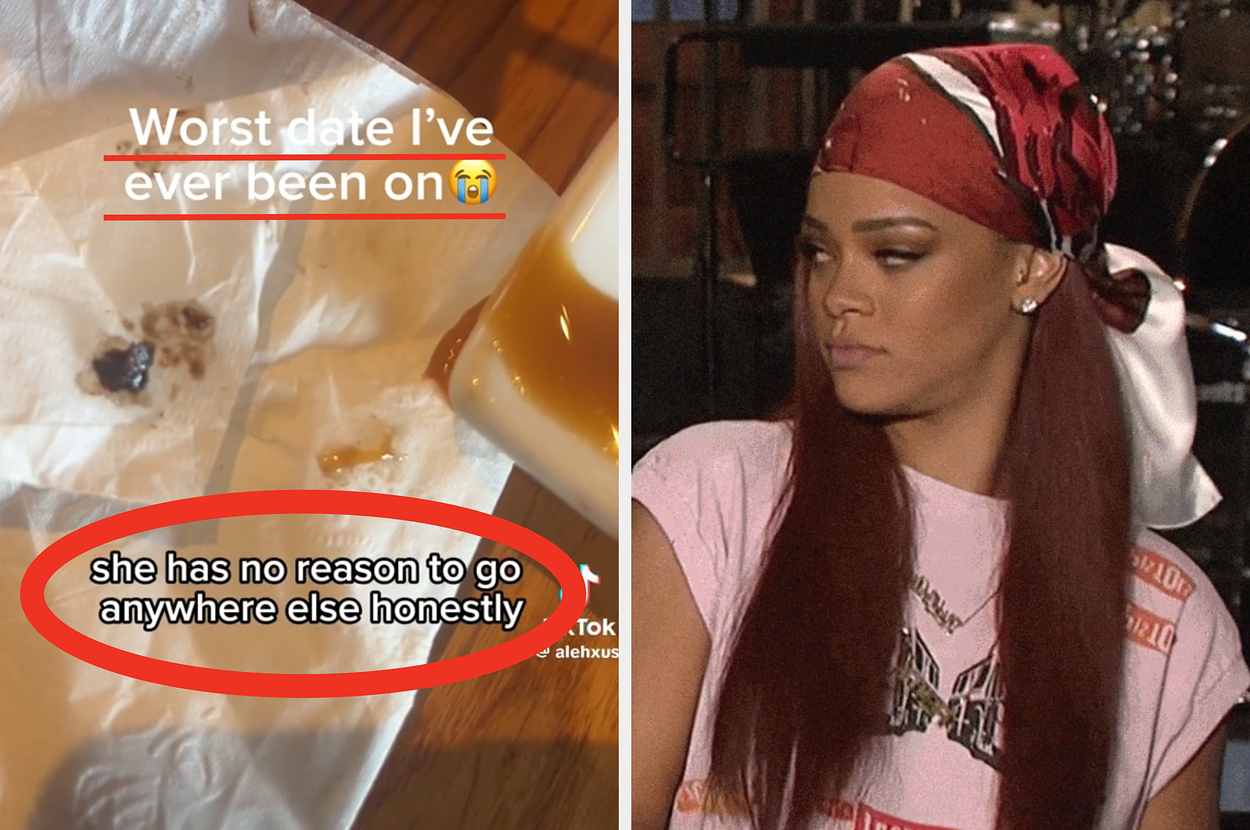 A napkin with a mess, text saying "Worst date I've ever been on," and a crying emoji. An image of Lisa Simpson screaming with text that reads, "she has no reason to go anywhere else honestly."