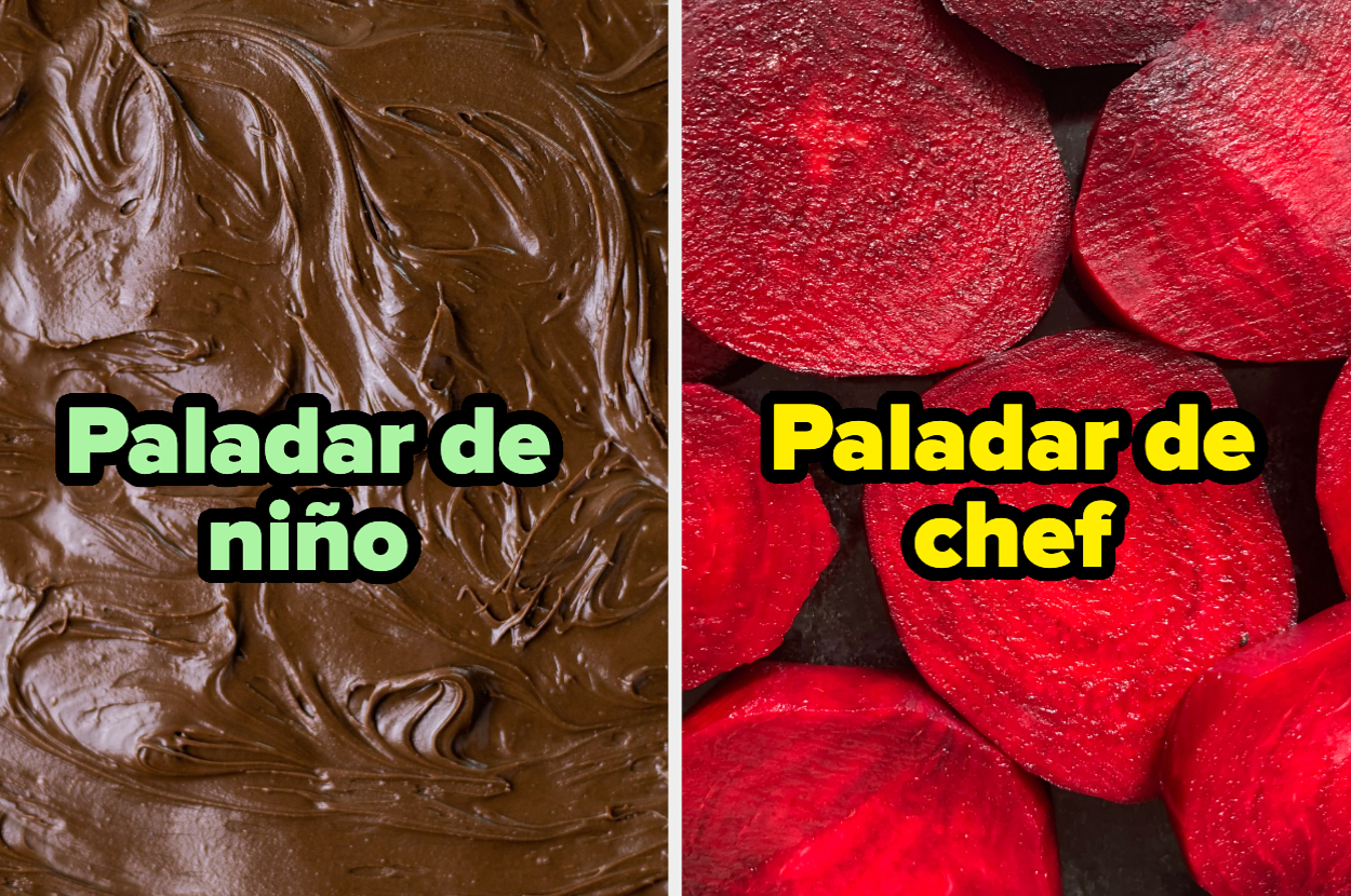 A la izquierda, crema de chocolate con texto "Paladar de niño". A la derecha, betabeles cortados con texto "Paladar de chef"
