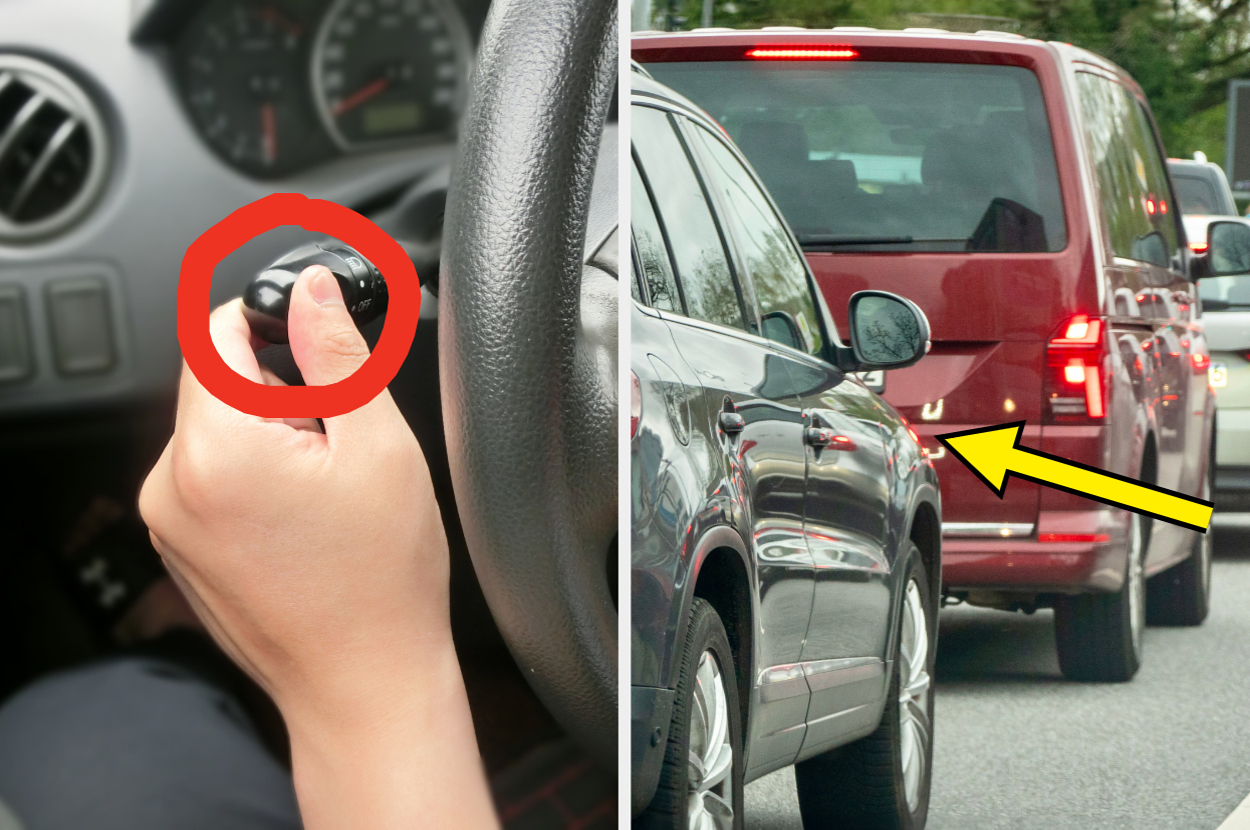 Two-panel image: Left, a hand turns the car indicator on a steering wheel. Right, a car in traffic turns on its left blinker, indicated by a yellow arrow
