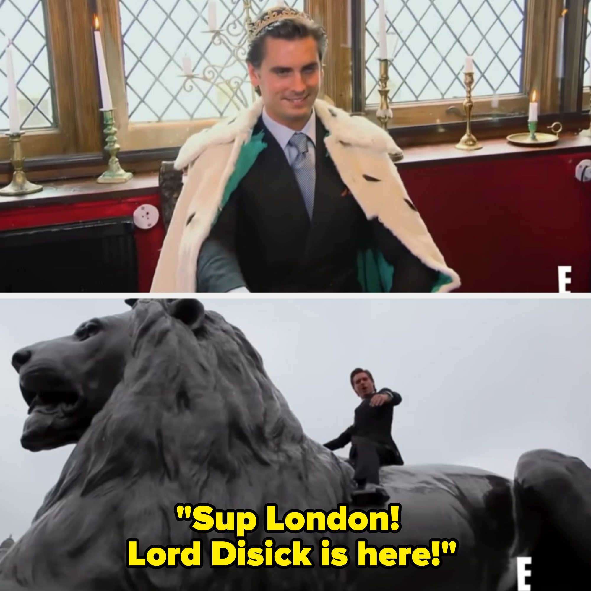 Top: A man in a suit and crown sits in a throne with candles behind him. Bottom: The same man rides a large lion statue outdoors