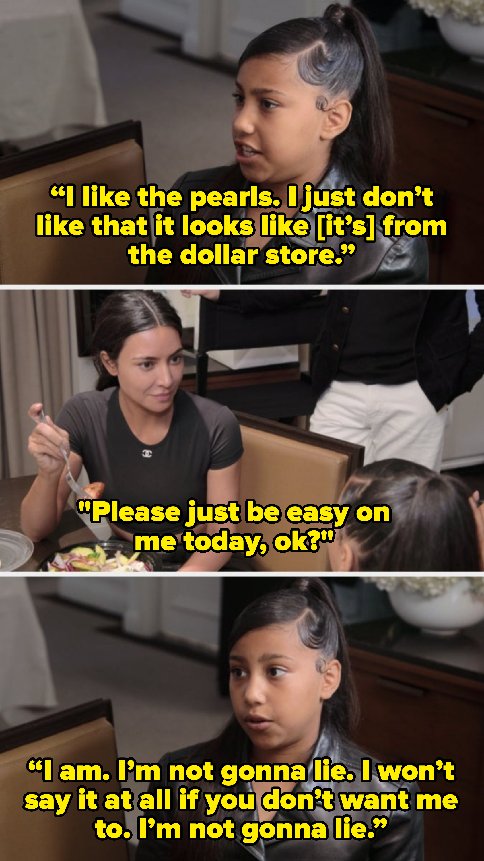 Top: A young girl with long hair, middle: Kim Kardashian in a black top talks to her while holding a fork. Bottom: The girl listens attentively