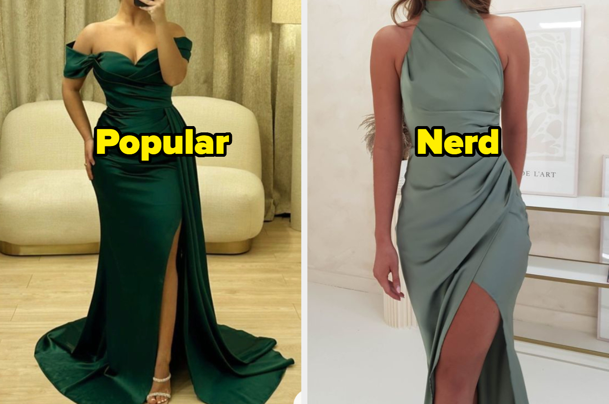 Dos mujeres en vestidos largos con etiqueta de texto grande "Popular" y "Nerd" superpuesta a cada una