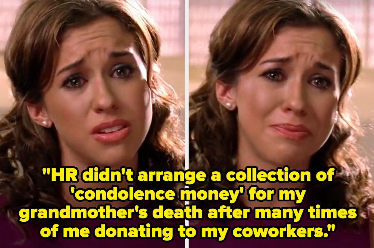 Two women with distressed expressions. The text reads, "HR didn't arrange a collection of 'condolence money' for my grandmother's death after many times of me donating to my coworkers."