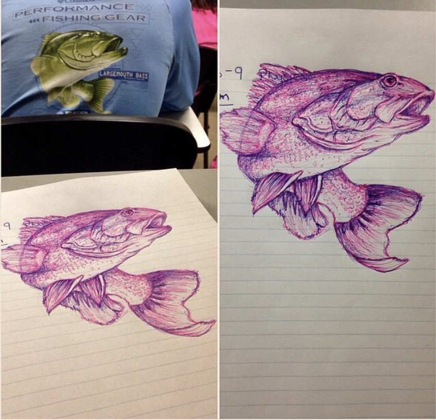Two side-by-side images: left shows a person wearing a shirt with a fish drawing, right shows similar fish drawing on lined paper