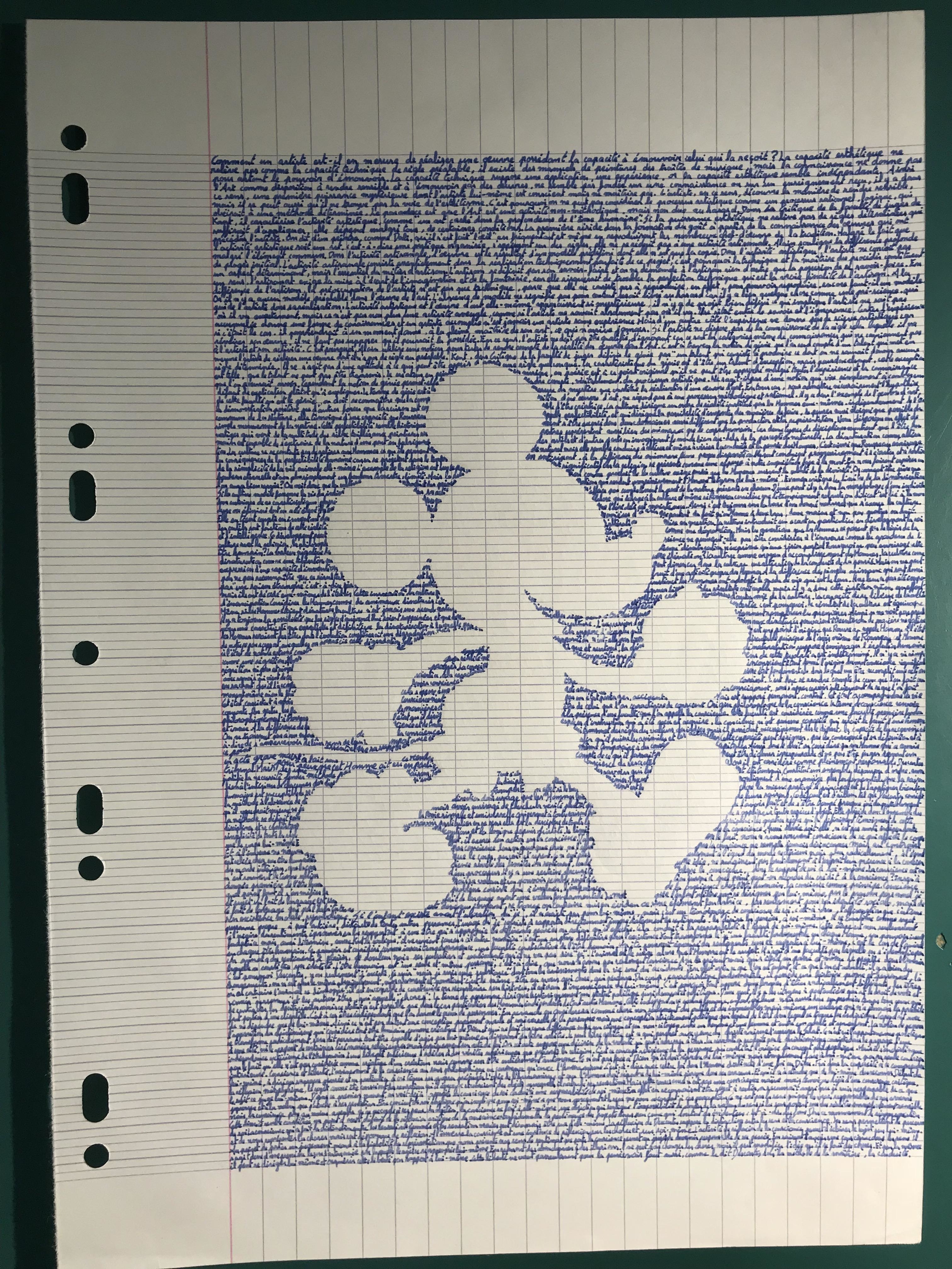 A sheet of lined paper with Mickey Mouse outlined in white space, surrounded by dense, handwritten blue text entirely filling the page