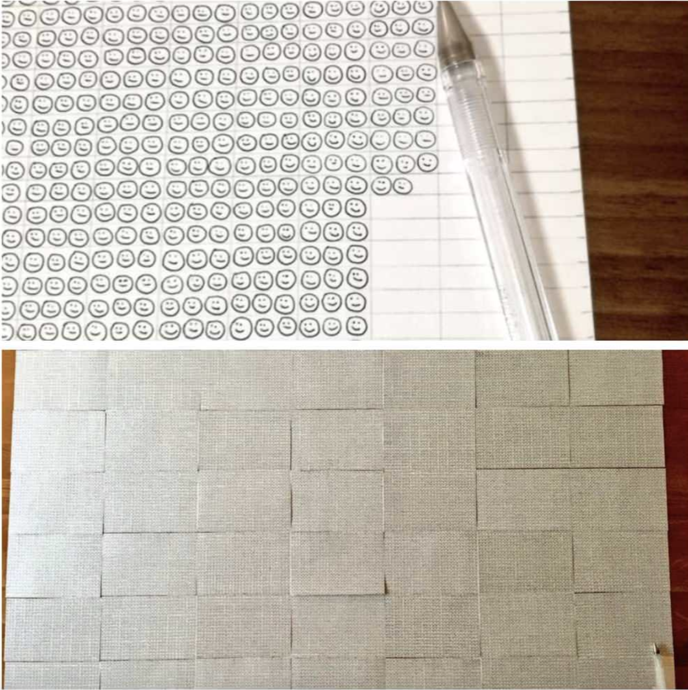 A notebook page filled with hand-drawn smiley faces and a clear pen on top; below, a piece of paper with a woven pattern