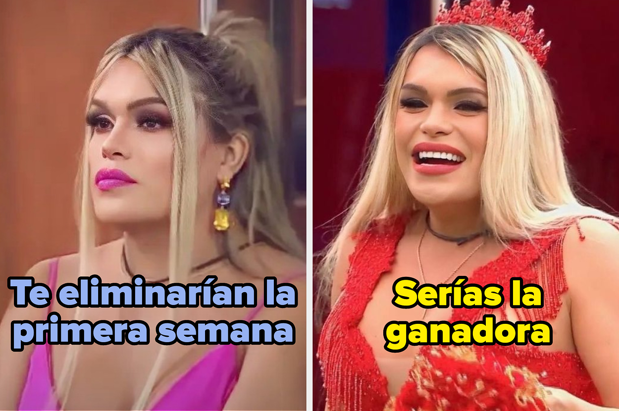 Imagen de una persona con vestido rosa y texto: "Te eliminarían la primera semana". Segunda imagen de la misma persona con vestido rojo y texto: "Ganarías la competencia"