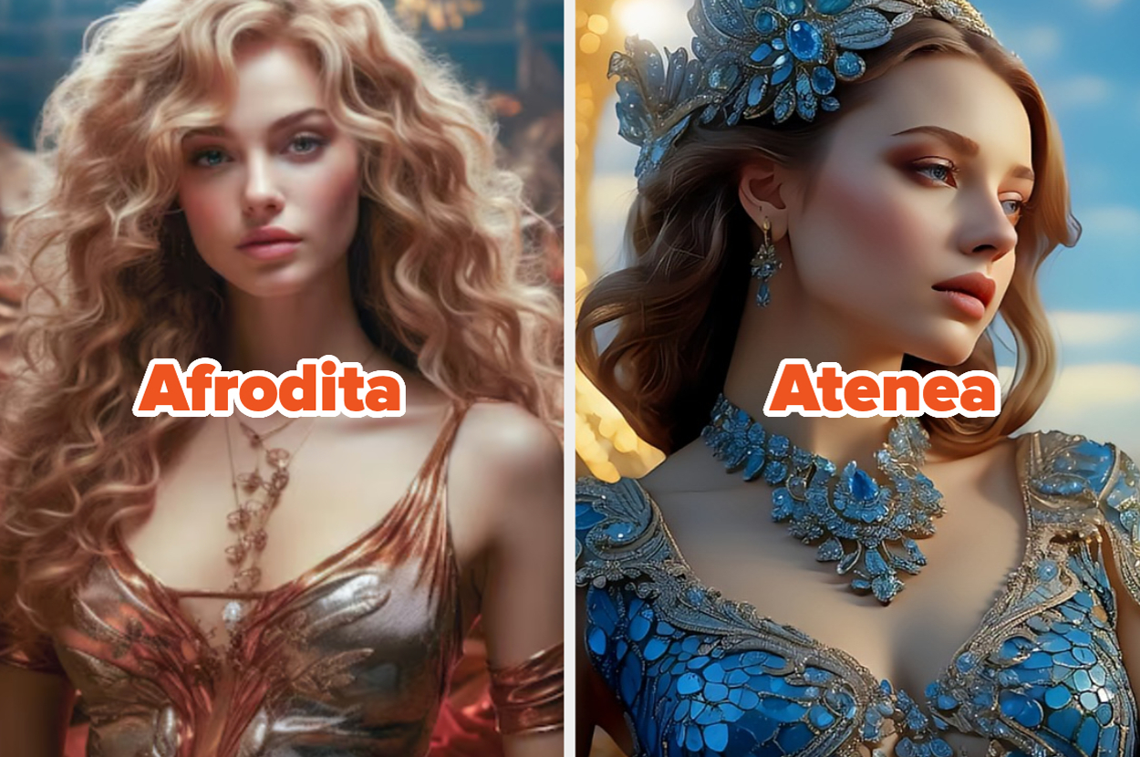 Afrodita y Atenea vestidas con trajes detallados y elegantes; Afrodita lleva un vestido brillante con escote pronunciado, y Atenea un vestido azul con adornos brillantes