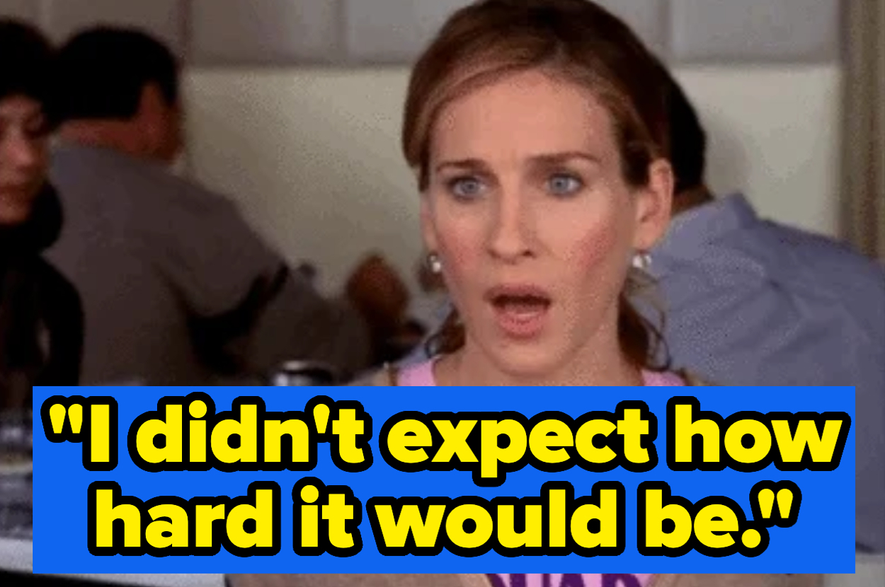 Sarah Jessica Parker, in a surprised expression, with the text "I didn't expect how hard it would be."