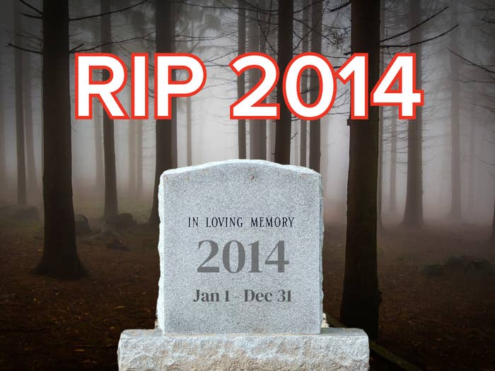 A gray tombstone in a foggy forest reads &quot;In Loving Memory 2014, Jan 1 - Dec 31.&quot; Large red text above it says &quot;RIP 2014.&quot;
