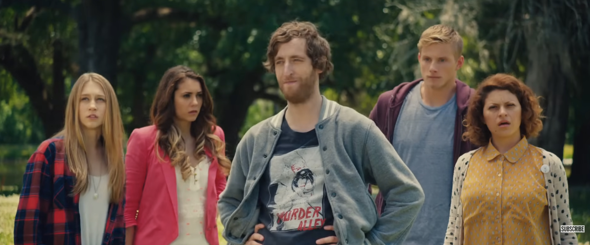 Taissa Farmiga, Nina Dobrev, Thomas Middleditch, Alexander Ludwig, and Alia Shawkat standing together outside in a scene from &quot;The Final Girls&quot;
