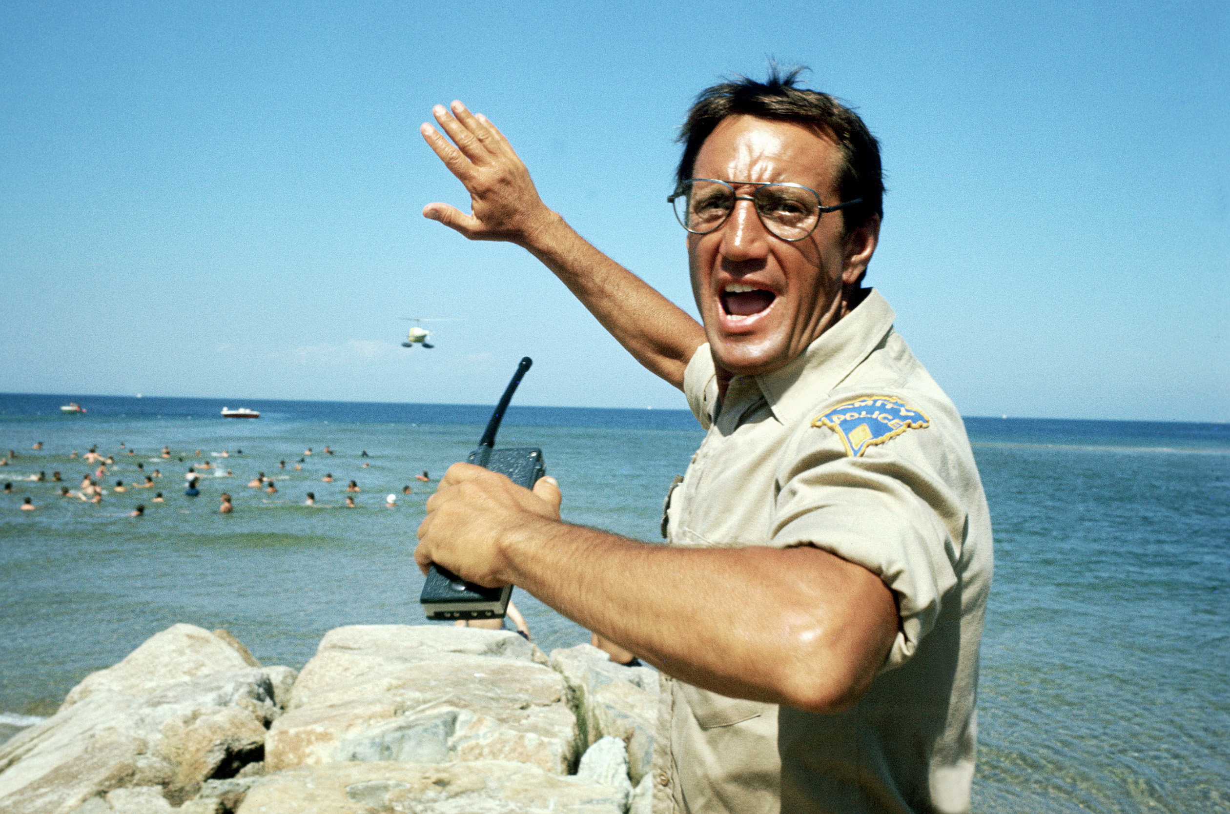 Roy Scheider stands on a rocky shore, holding a radio and urgently gesturing to beachgoers in a scene from &quot;Jaws&quot;