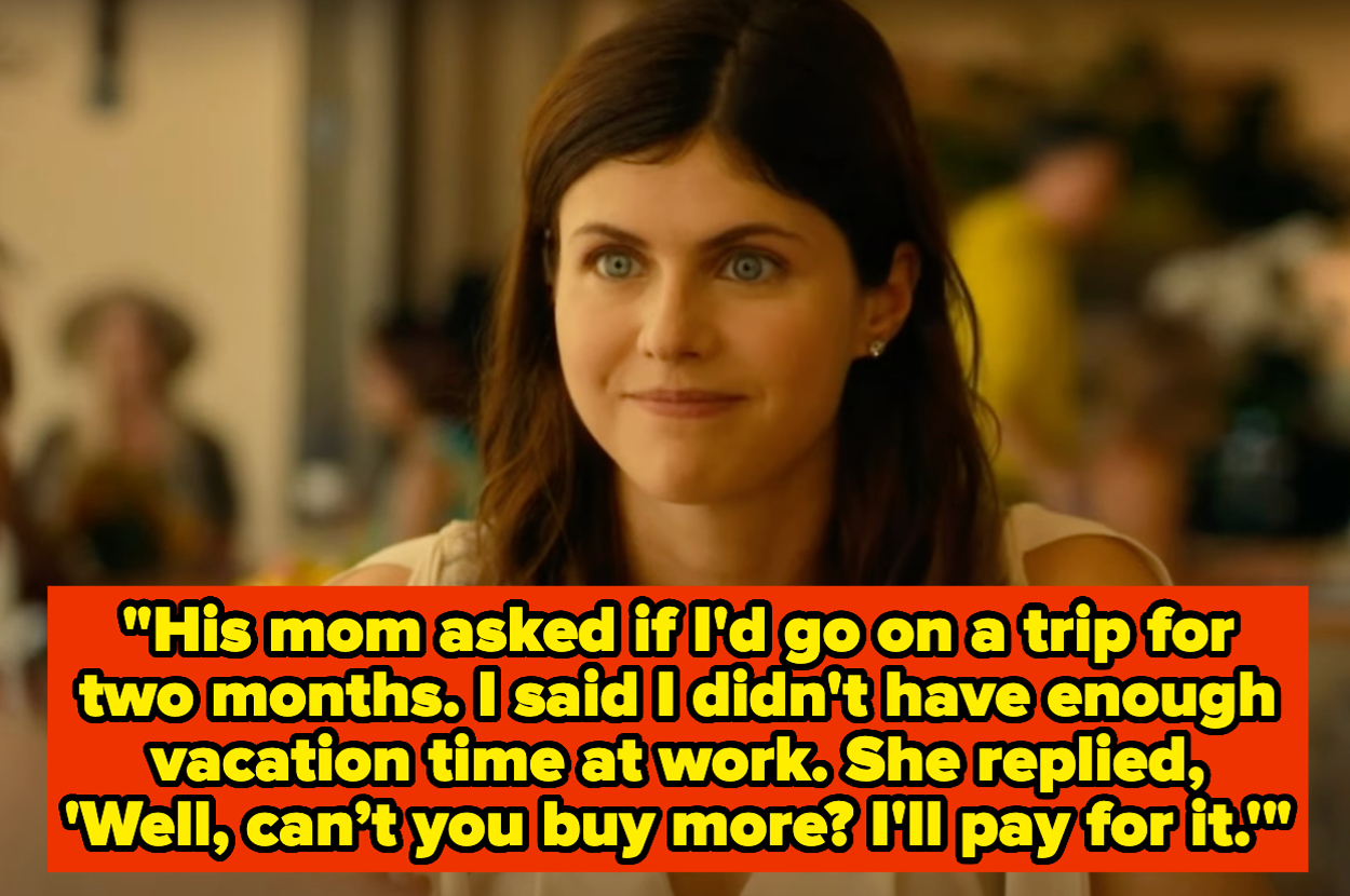 Alexandra Daddario in a restaurant setting with a quote: "His mom asked if I'd go on a trip for two months. I said I didn't have enough vacation time at work. She replied, 'Well, can't you buy more? I'll pay for it.'"