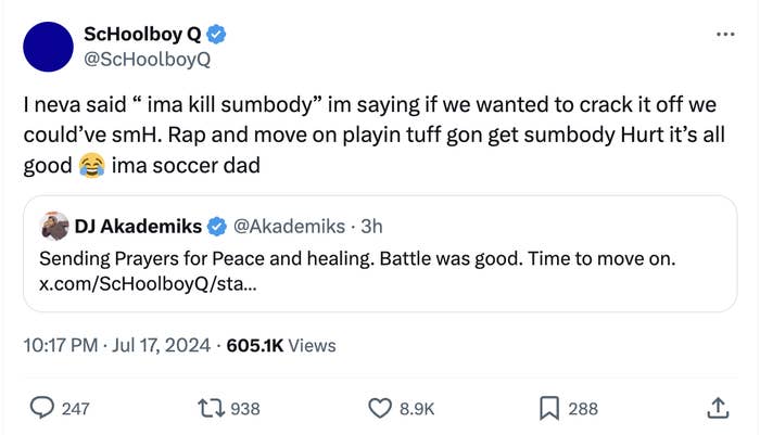 Screenshot of tweets: ScHoolboy Q refutes a misinterpretation of his words, emphasizing he didn&#x27;t intend violence, then DJ Akademiks tweets about peace and healing