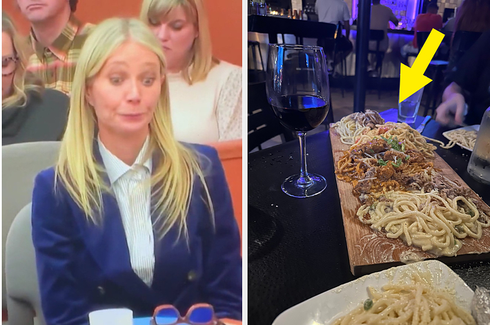 Gwyneth Paltrow sits in court on the left. On the right, a pasta flight and a glass of water are on a restaurant table, highlighted by a yellow arrow. Tweet by Brandon Pope reads: &ldquo;Milwaukee’s food scene is UNDERRATED and deserves respect. Crew dinner las