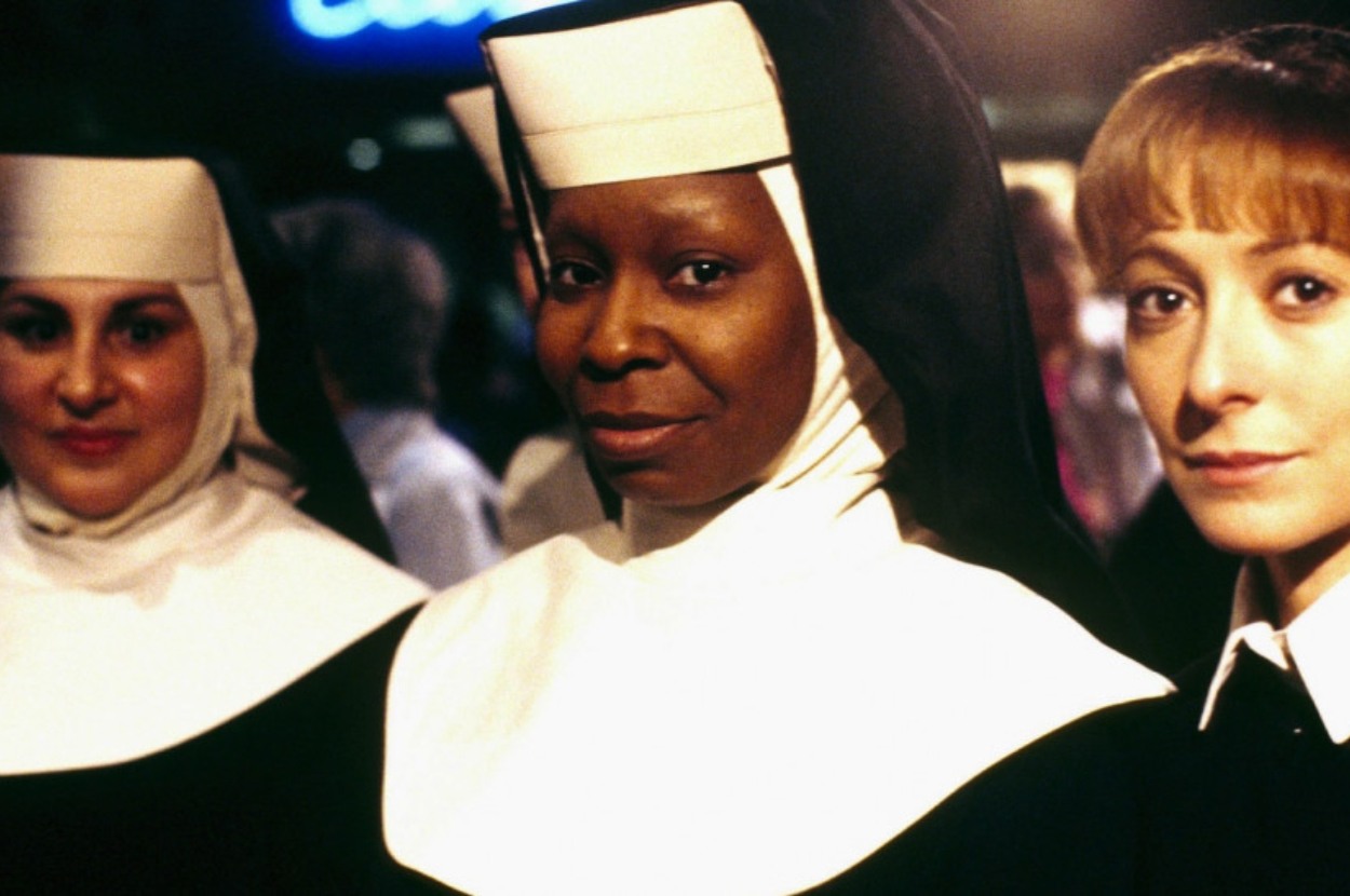 Whoopi Goldberg and two unidentified women in nun costumes from the movie "Sister Act."