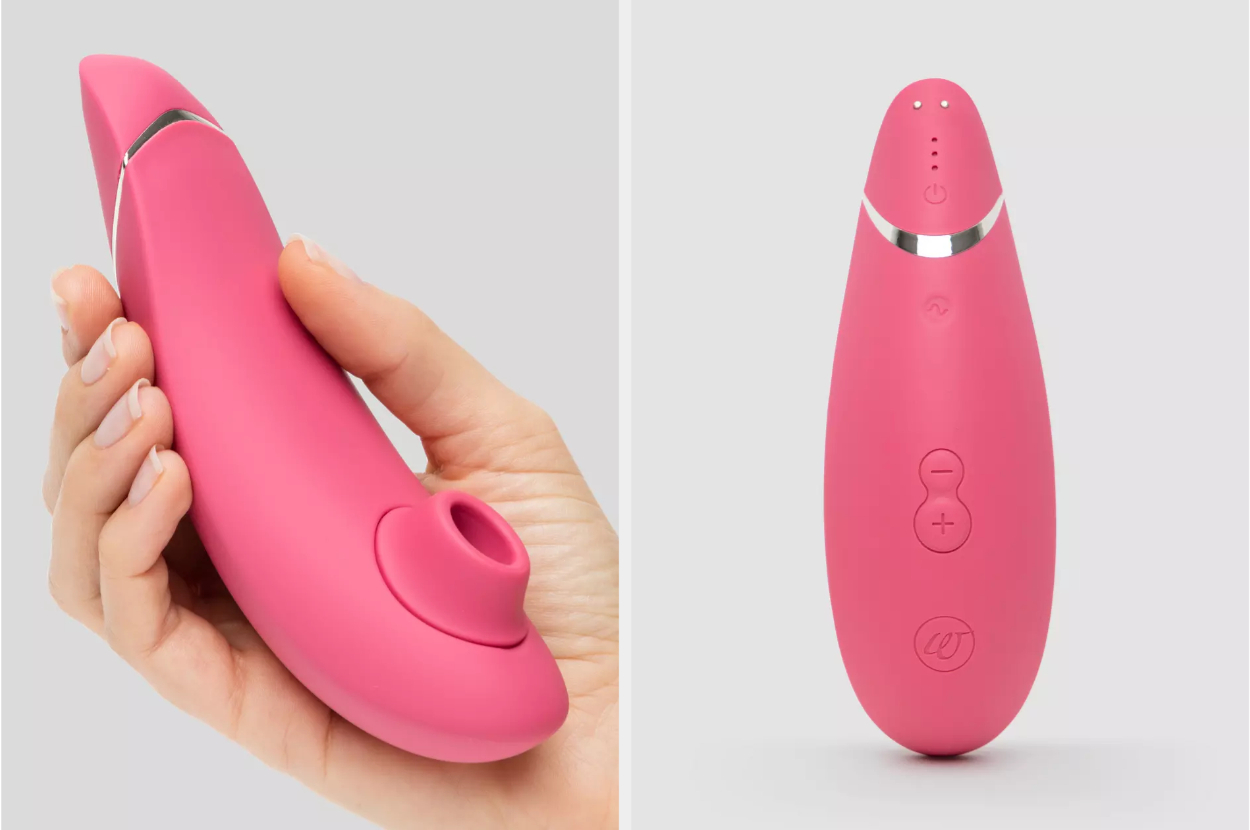 Two images: The first features a hand holding a pink, ergonomically designed personal massager; the second shows a close-up of the massager's buttons and charging port