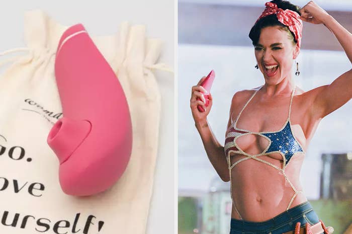 A pink gadget with a drawstring bag alongside an image of Katy Perry in a revealing star-themed outfit, raising their arm and smiling, holding the gadget