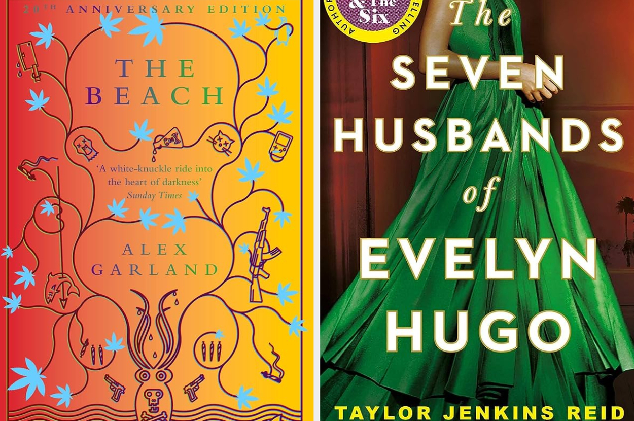Book covers of "The Beach" by Alex Garland and "The Seven Husbands of Evelyn Hugo" by Taylor Jenkins Reid