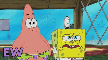 SpongeBob SquarePants and Patrick Star inside the Krusty Krab, with a large "EW" text on the left. SpongeBob appears disgusted while Patrick looks confused