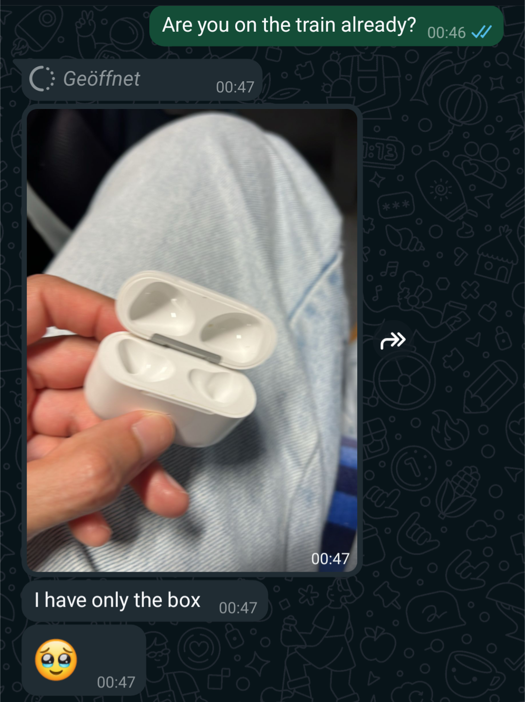 Text message screen showing a conversation. The second person replies with a photo of an open AirPods case, saying, "I have only the box," and a sad emoji