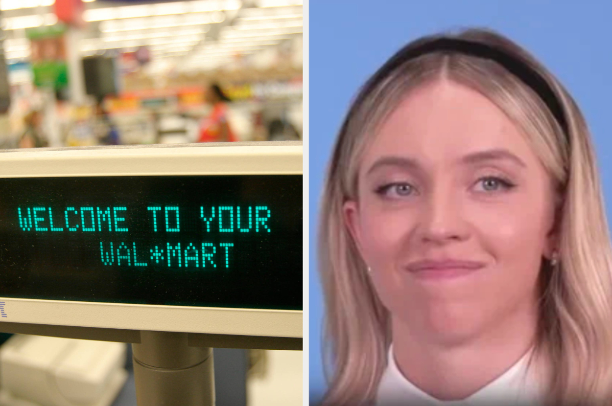Left: A digital sign saying "Welcome to your Walmart". Right: Person with blond hair and a headband smiling slightly
