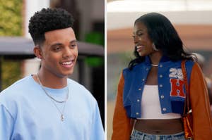 Jabari Banks and Coco Jones in casual attire, smiling in a split-screen image
