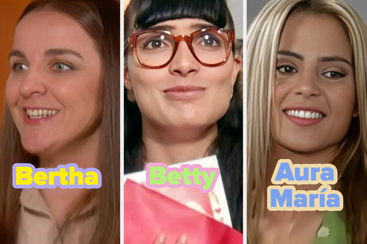 Bertha, Betty y Aura María de "Yo soy Betty, la fea" sonriendo, en un collage con sus nombres. Betty tiene gafas y sostiene una carta