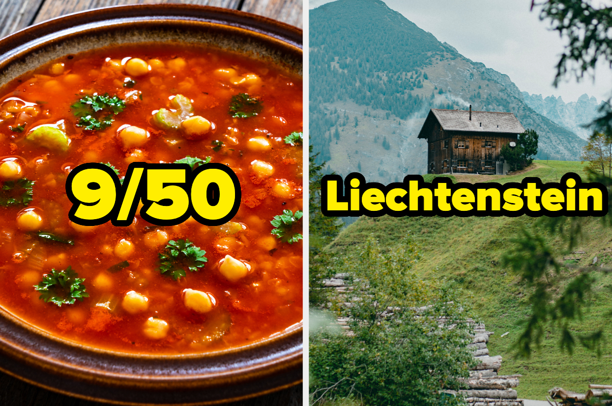 A bowl of soup with chickpeas and herbs on the left; a wooden cabin on a grassy hillside in Liechtenstein with mountains in the background on the right. The text reads "9/50" and "Liechtenstein."