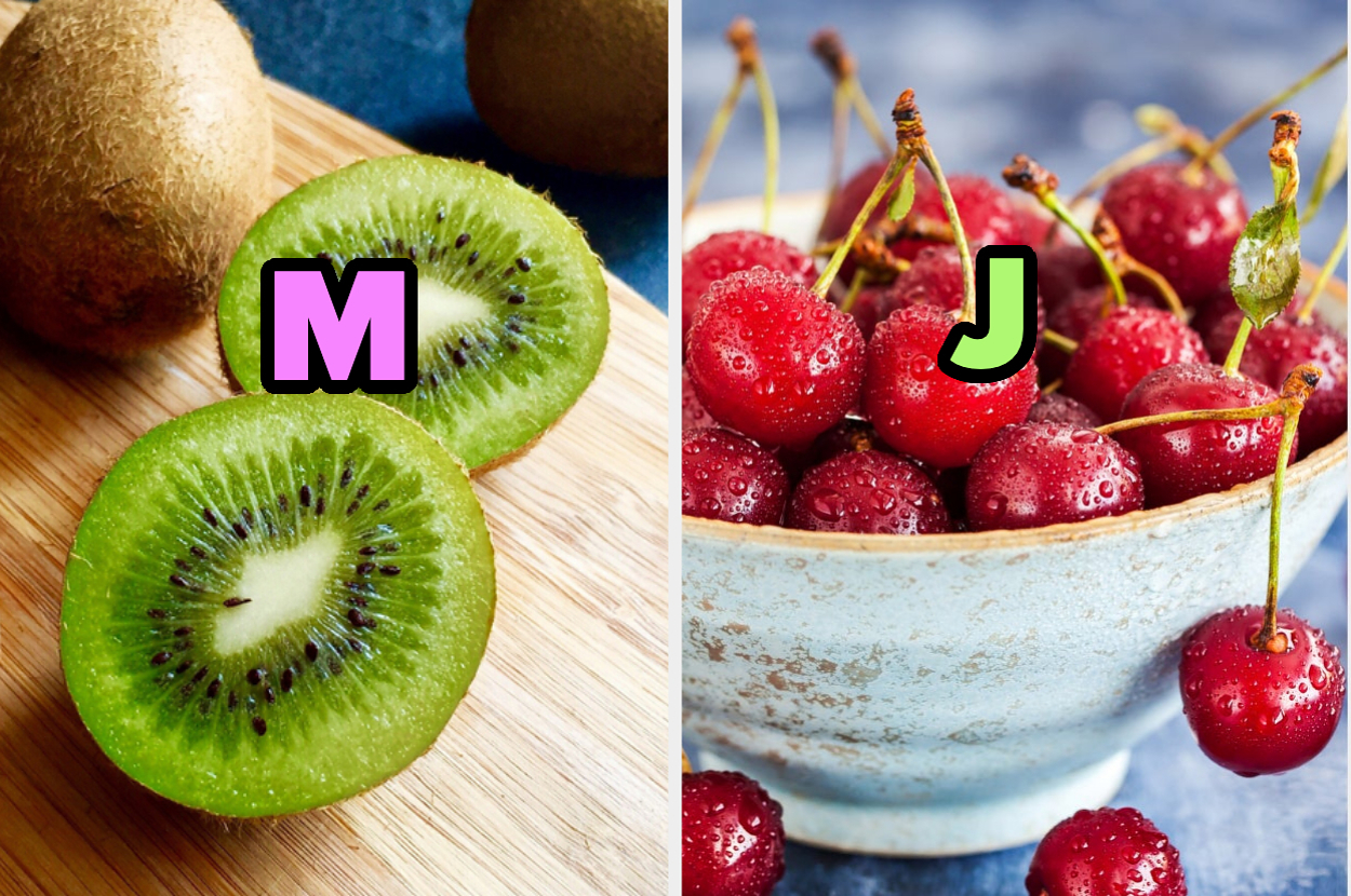 A sliced kiwi labeled "M" on the left, and a bowl of cherries labeled "J" on the right