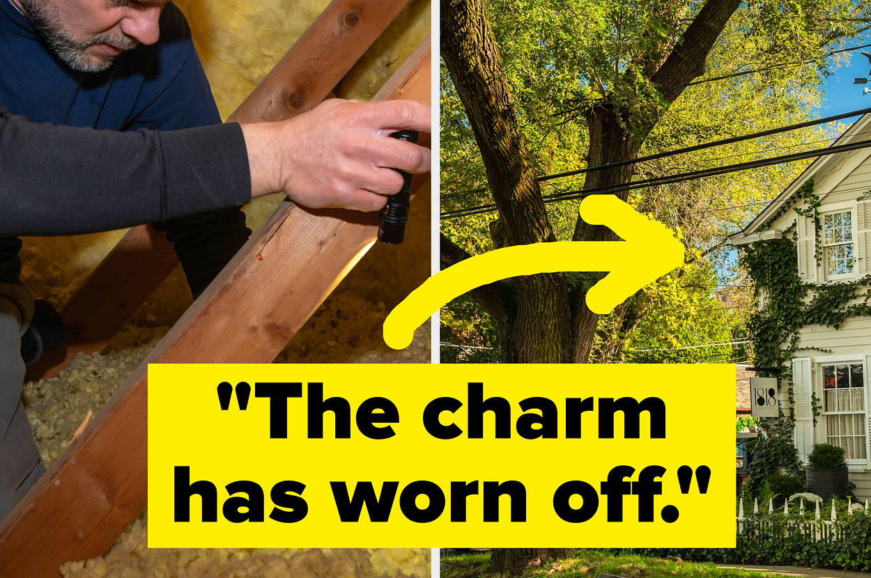 A person inspecting attic insulation with a flashlight; adjacent image of an older house with a tree and power lines. Text: "The charm has worn off!"