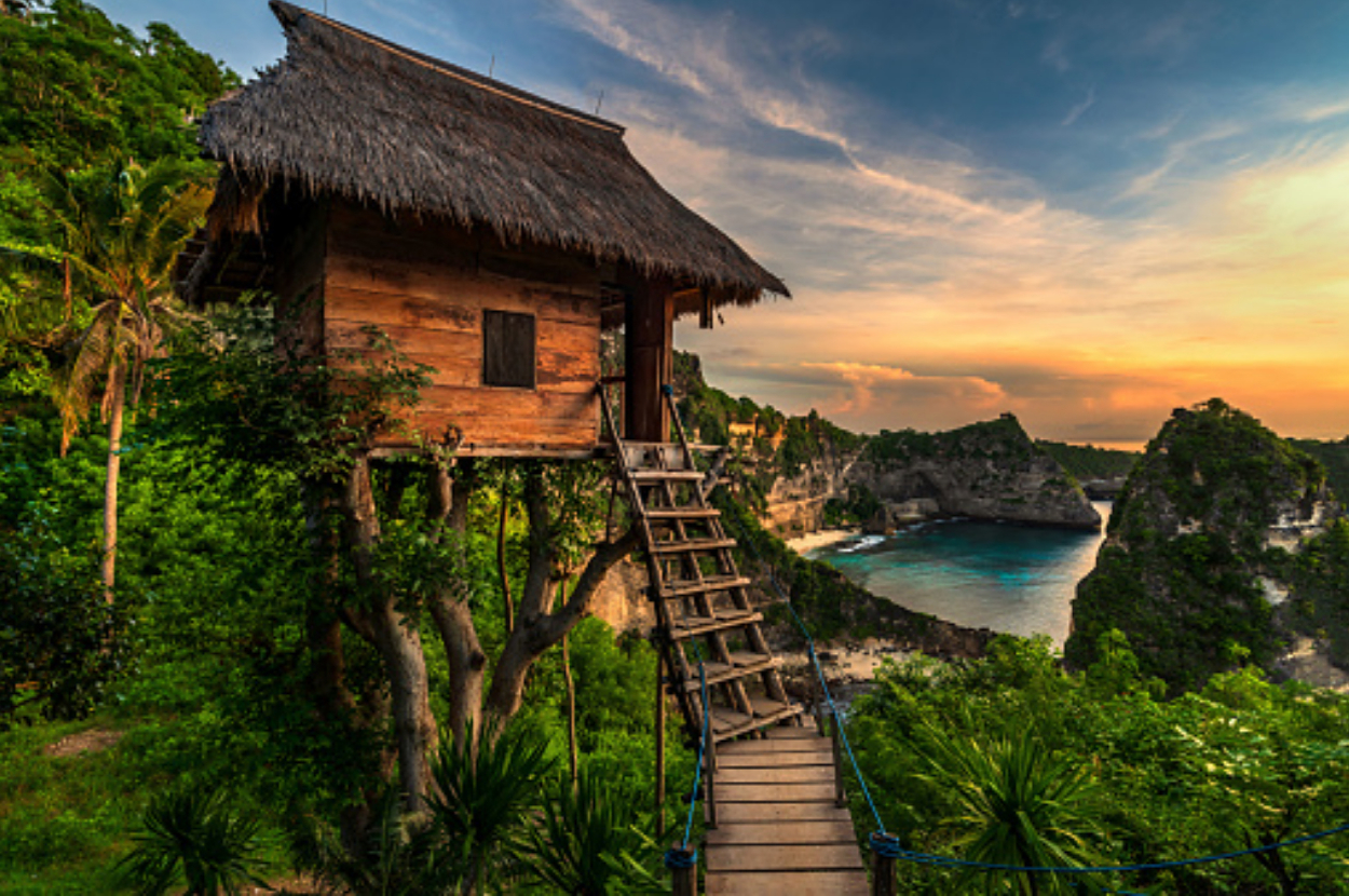 A wooden treehouse with a thatched roof is perched on stilts overlooking a scenic coastal landscape at sunset, featuring lush greenery and rocky cliffs by the sea