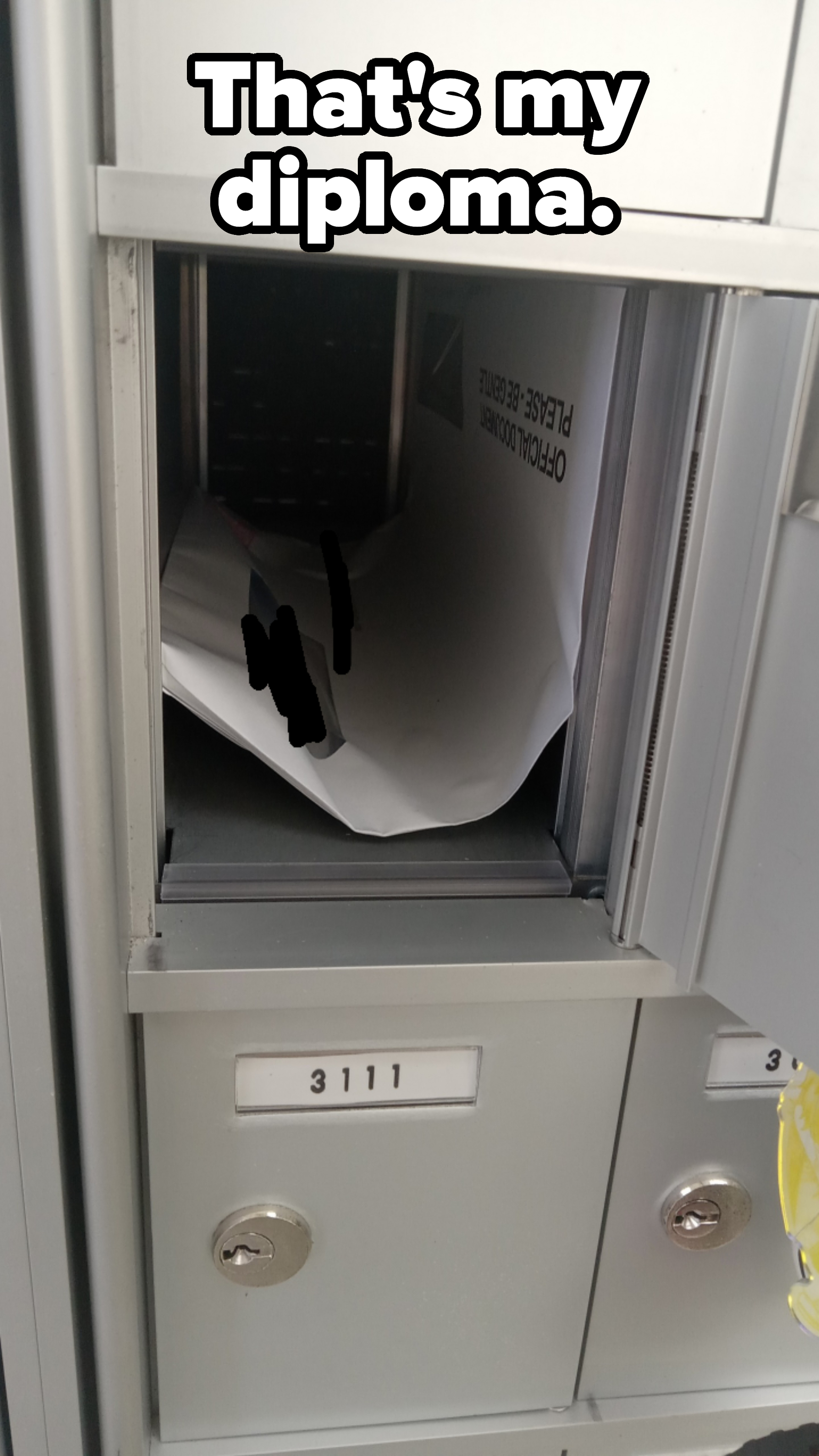 A mailbox labeled "3111" contains a folded and partially visible white envelope