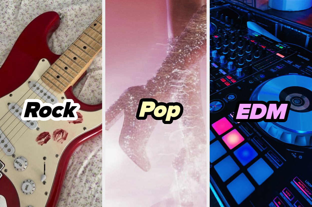 Guitarra eléctrica con marcas de labios, una pierna con bota brillante, una mezcladora de DJ con luces de colores. Texto: Rock, Pop, EDM