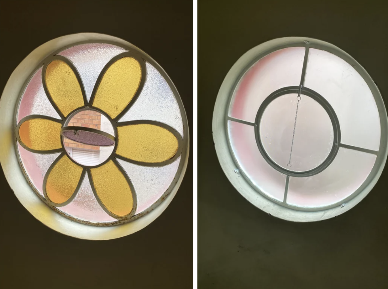 Two circular windows: the left features a flower pattern with six petals, and the right has a simple geometric design with concentric circles and lines