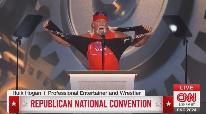 Hulk Hogan, wearing a red bandana, tears open his shirt while speaking at the Republican National Convention. The CNN ticker reads, &quot;Republican National Convention&quot;