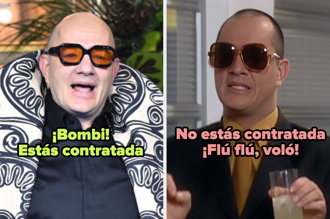 A la izquierda, un hombre calvo con gafas de sol y una prenda extravagante. Texto: "¡Bombi! Estás contratada". A la derecha, el mismo con gafas. Texto: "No estás contratada. ¡Flú flú, voló!"