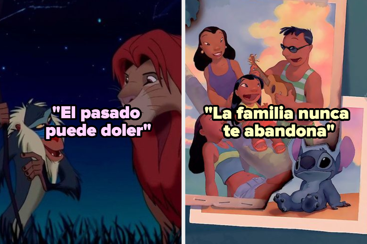 Captura de pantalla de dos escenas de películas de Disney. A la izquierda, de "El Rey León" con la frase "El pasado puede doler". A la derecha, de "Lilo & Stitch" con la frase "La familia nunca te abandona"