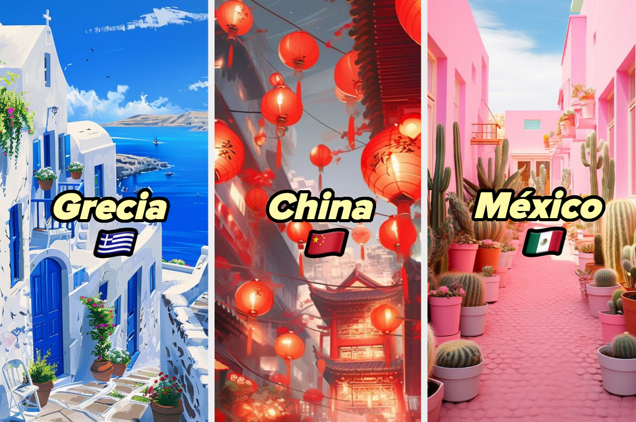 Dividida en tres partes, la imagen muestra paisajes representativos de Grecia, China y México, con sus respectivas banderas y texto