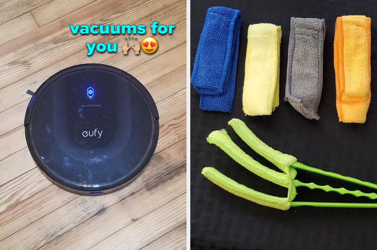 Eufy robot vacuum on wooden floor "vacuums for you" / Various colored cleaning cloths and a blinds cleaner