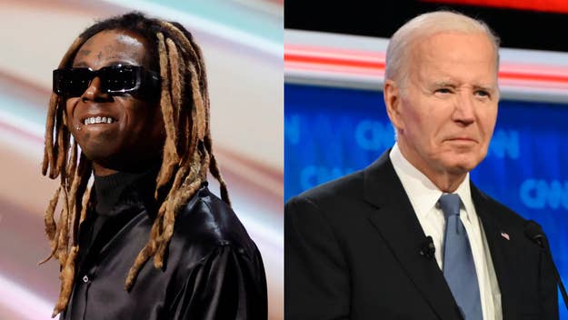 Lil Wayne in a black outfit with sunglasses and dreadlocks is next to Joe Biden in a suit and tie on a debate stage