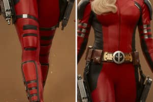 Close-up of Deadpool and a female character, Domino, in detailed red and black costumes with utility belts and weapons, from a TV or movie scene