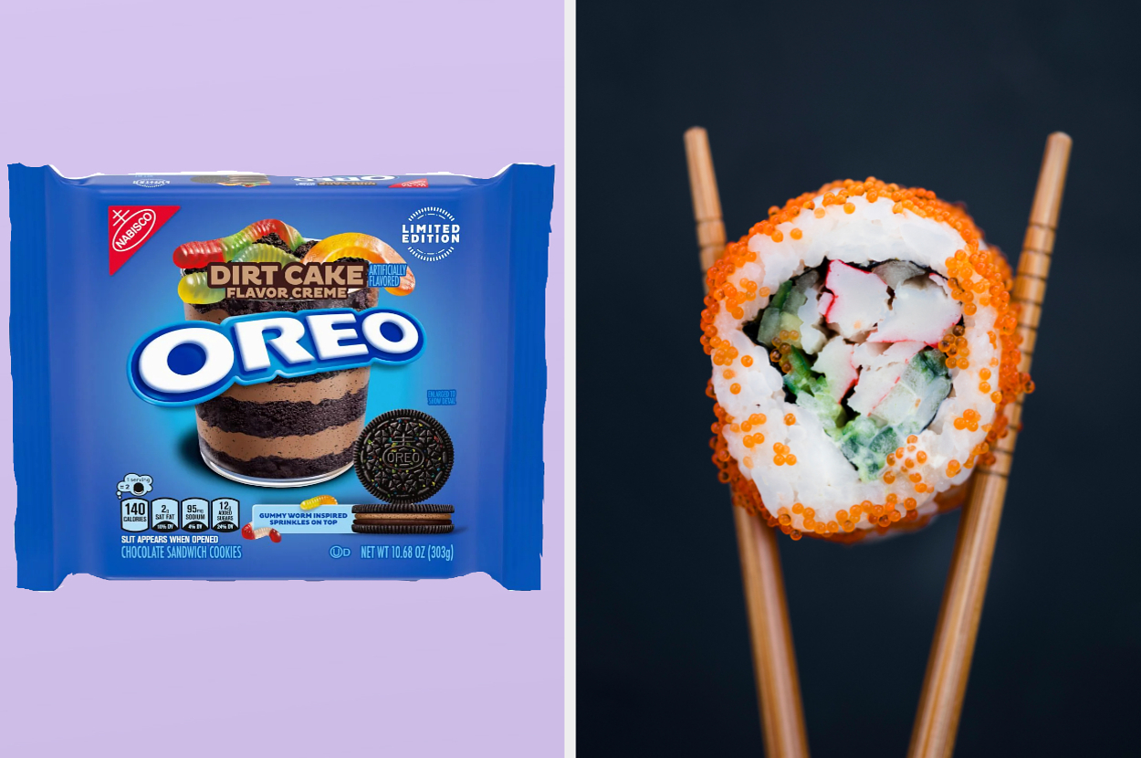 On the left, Dirt Cake Oreos, and on the right a piece of sushi in between two chopsticks