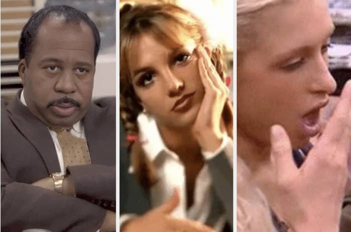 From left to right: Stanley Hudson from The Office with an indifferent expression, Britney Spears resting her head on her hand, Paris Hilton putting her hand near her mouth